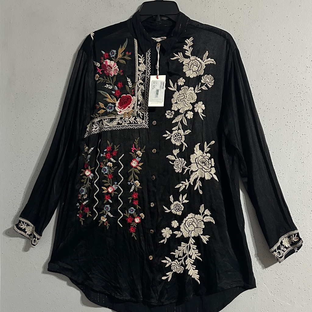 Johnny Was Floral Embroidered Black Shirt. Multi Colored Nwt